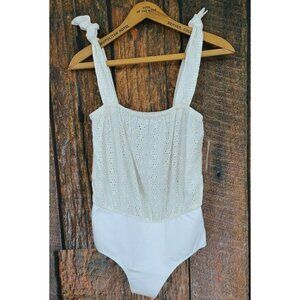 New Flynn Skye Karlie Bodysuit Womens S/M Off White Eyelet Tie Shoulders